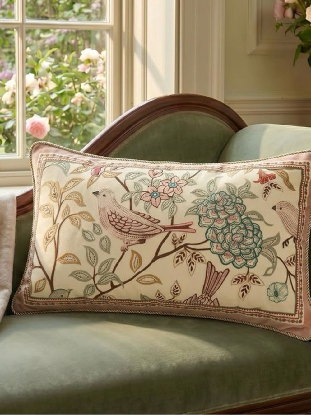 Embroidered Bird & Floral Lumbar Pillow - Cream, Sage, Rust